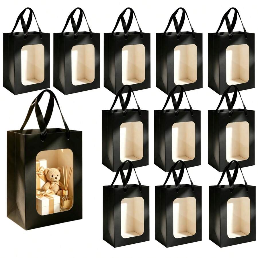 Túi quà màu đen có cửa sổ, kích thước 18*13*25cm, 4/8/12 túi, quai xách bằng satin, chất liệu bìa cứng dày, thích hợp cho đám cưới, sinh nhật, ngày lễ và quà tặng. - Xem 1