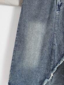 1pc Girls' Vintage Distressed Washed Blue Denim Skirt With Side Slit, Casual Streetwear Design - Medium Wash - View 3