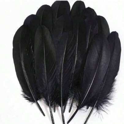 100根6-8英寸天然黑色鹅毛，适用于DIY万圣节装饰、珠宝、角色扮演和服装配饰。