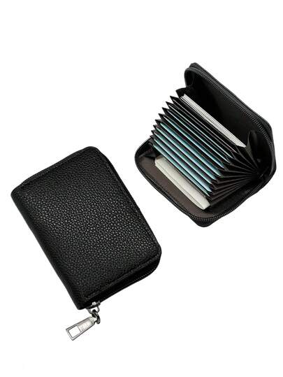 HOVI'S Ví đựng thẻ nam bằng da sần màu đen có khóa kéo - Ví xếp ly nhỏ gọn nhưng dung lượng lớn, lý tưởng cho việc đi lại hàng ngày và du lịch, món quà hoàn hảo dành cho phái mạnh.