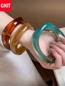 GNIT 3pcs Exaggerated Geometric Bracelet Set, Multifunctional Fashion Accessory For Daily Wear, Party, Vacation, Bohemian Style Geometric Pattern Elements, Orderly Texture And Undulating Curves - Twisted Shape (Translucent Coffee + Peacock Blue + Earthy Yellow) - View 5