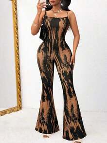 Ladies Sexy Y2K Vintage Elegant Stretch Vacation Travel Elegant Printed Wind Flared Jumpsuit Summer - 咖啡棕色 2 - 查看 4