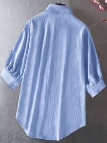Plus Size Women's Floral Embroidered Shirt, Lapel Collar Commuting 3/4 Sleeve Blouse Vacation - Blue - View 2
