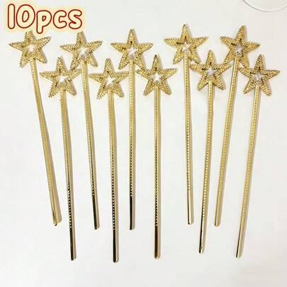 10 chiếc đũa phép hình ngôi sao vàng, đồ trang trí tiệc và đạo cụ chụp ảnh, gậy cầm tay hình ngôi sao năm cánh rỗng đính đá.