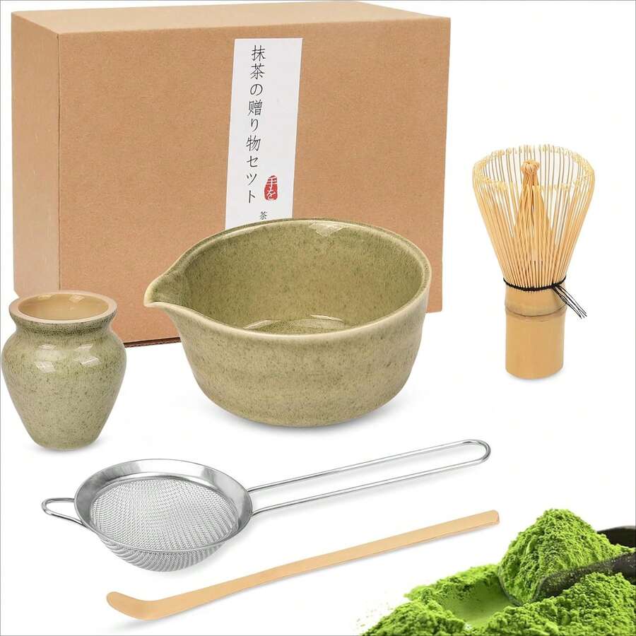 Japanese Matcha Tea Set, Bamboo Whisk Matcha Set, Easy To Froth, Ceramic & Bamboo Multi-Piece Set, Suitable For Home Afternoon Tea, Office Leisure, Ideal Gift - Green - View 1