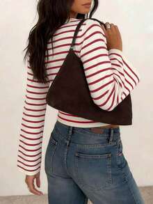 Striped Contrast Rib Knit Long Sleeve T-Shirt For Women, Casual Everyday Wear Vacation Red - Red - View 3