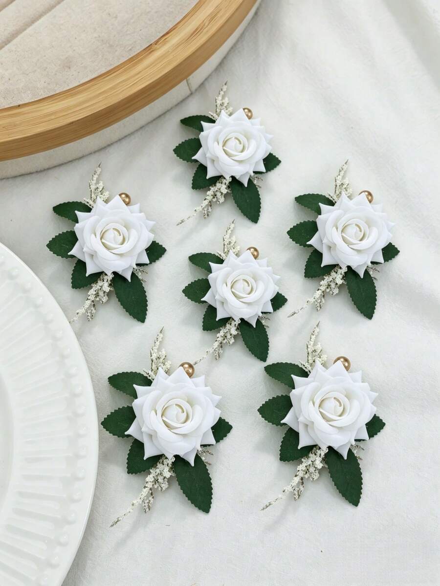 1pc/6pcs Premium White Rhinestone Rose Flower With Baby's Breath Artificial Green Plant Corsage, Suitable For Groom, Bride, Groomsman, Bridesmaid, Wedding, Engagement, Anniversary, Banquet, Party, Travel,Summer,Beach - White - View 1