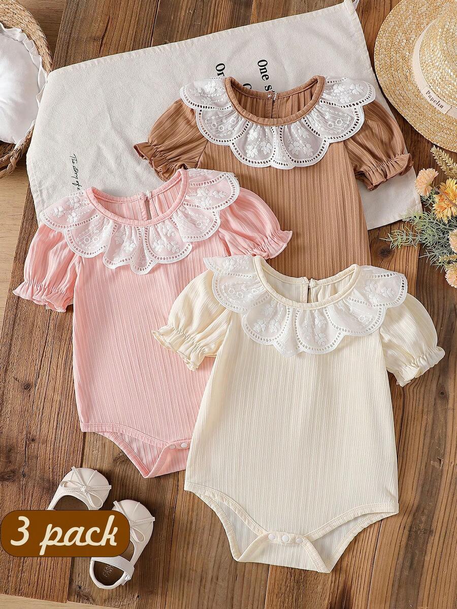 Bộ 3 món áo liền quần cho bé gái màu trắng dễ thương, cổ ren, phối ren. - Nhiều màu - Xem 1