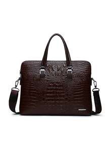 Men's Commuter Briefcase, High-End Crocodile Embossed Handbag, Men's One Shoulder Bag, Large Capacity New Business Computer Bag, Fashion Random Crocodile Texture Square Bag With Detachable Shoulder Strap, Messenger Bag, Gift For Men - Brown - View 7