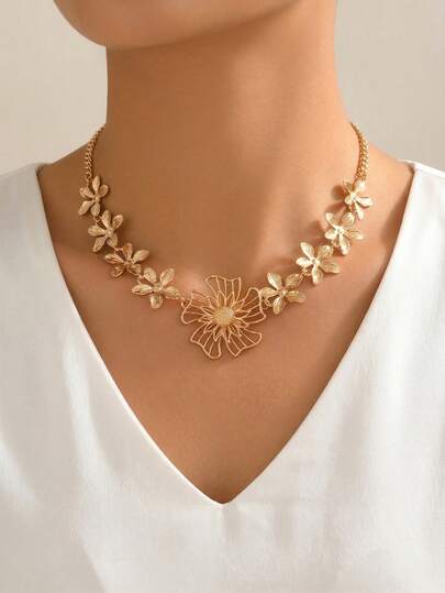 قلادة ديكور زهري ثلاثي الأبعاد فاخر وأنيق، مجوهرات طوق زهرة خماسية البتلات متعددة الاستخدامات، مناسبة للارتداء اليومي والحفلات، طول السلسلة قابل للتعديل