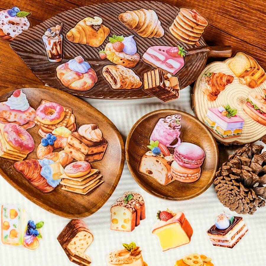 56 Miếng Dán PET Trong Suốt Hình Ảnh Món Tráng Miệng Mới, Chân Thực - Chất Liệu Sổ Nhật Ký Chống Thấm Nước với Hình Bánh Ngọt & Bánh Macaron - 56 CÁI - Xem 1