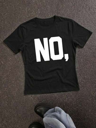 女士“NO”字母印花黑色短袖T恤，Y2K酷炫舒适休闲上衣，适合夏季日常通勤、约会、派对穿着