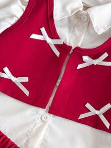 女婴时尚休闲可爱套装，公主袖简约衬衫+蝴蝶结短款背心+配套褶裥背心 - 酒紅色 - 查看 4