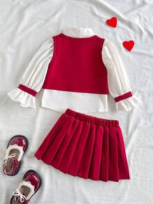 女婴时尚休闲可爱套装，公主袖简约衬衫+蝴蝶结短款背心+配套褶裥背心 - 酒紅色 - 查看 2