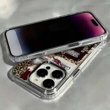 Alloy Minimalist Leopard Print 1pc Metal Transparent Case Electroplated Leopard Print Lips Wine Glass English Puzzle Pattern Phone Case Compatible With IPhone 16 Pro Max 17/15/14 Plus 13/12/11 Air Spring Gift Party - Mẫu 4 (1 cái) - Xem 5