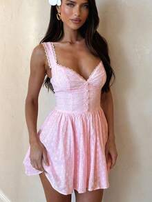 Women's Summer Mini Dress Stylish Solid Lace Trim Flower Embroidered Hollow Details Sleeveless V Neck A Line Dress Casual Boho Vacation Beach Date Party Outfit - 粉色 - 查看 7