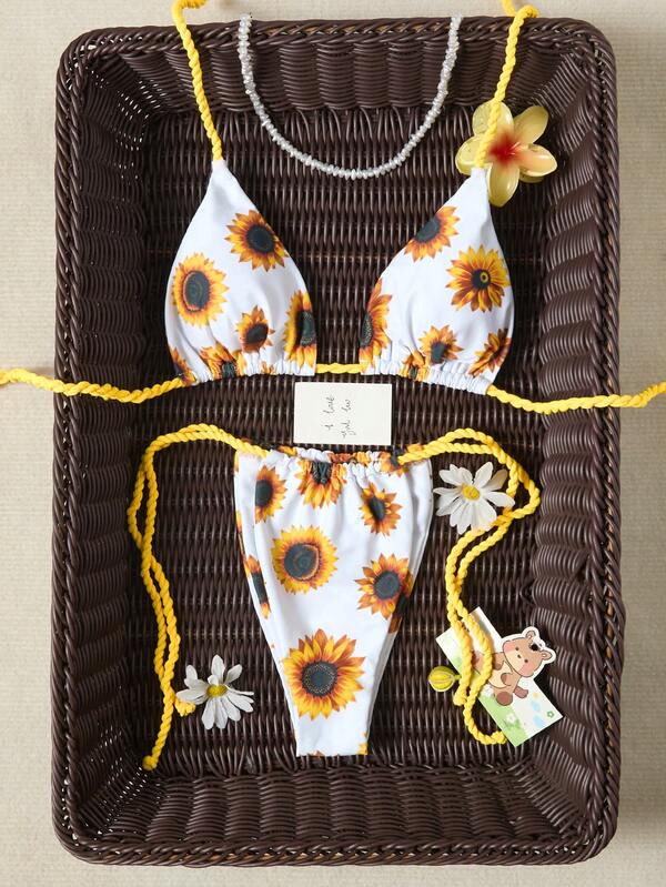 Women's Sexy Spaghetti Strap Thong Bikini Set, Sunflower Print, Side Tie Swimwear, High Elasticity Braided Rope, Summer Beach Outfit, Summer Holiday Wear, Elegant Women's Outfit Vacation