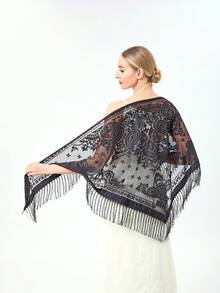 1件装女士玫瑰腰果花绒面流苏三角围巾，优雅百搭披肩，可搭配连衣裙，时尚日常围巾，防晒头巾 - 彩色 - 查看 23