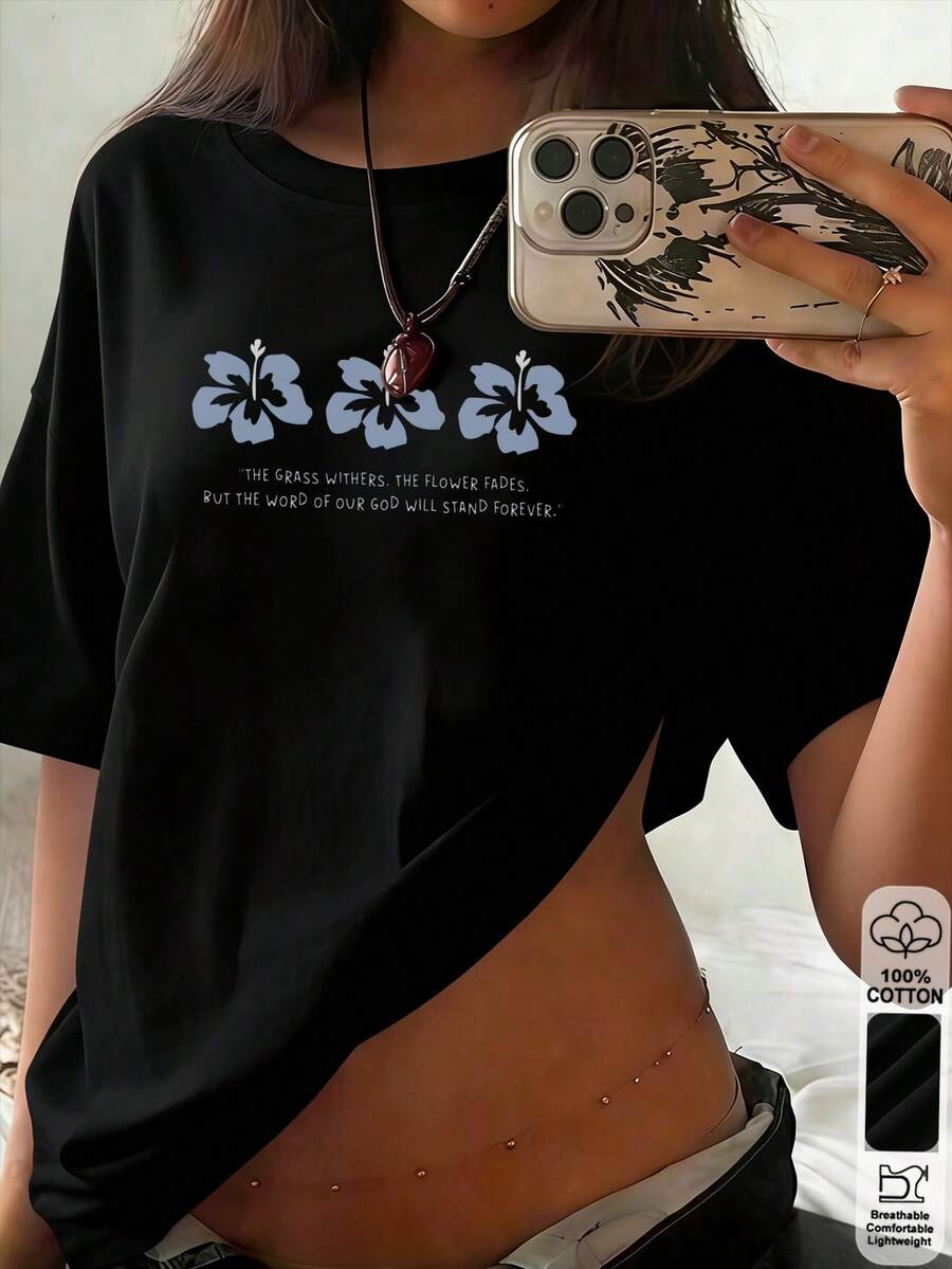 春季和夏季超寬鬆上衣,100%棉質上衣,女士短袖T卹,趣味清新花卉花朵圖案,純色圓領,柔軟舒適,日常休閒,街頭服飾,y2k,beach,graduation, vacation,top,summer,spring,t shirt,gym,sport,party top,blo,blouse,romwe, damen,frühling outfit,jersey,ropa invierno de mujer,verano mujer,趣味T卹,vacation, beach,casual,,cute tops,top negros,top blanco,tops verano,primavera muje,復活節女裝,carnival,四季通用簡約辦公室/休息室/學校women,outfits,美式復古風格,男女同款,外出上衣,秋,plus size woman,valentijn,carnaval,vacationtop verano, party,graduation,wedding音樂節,節日，黑色上衣 - 黑色 - 查看 1