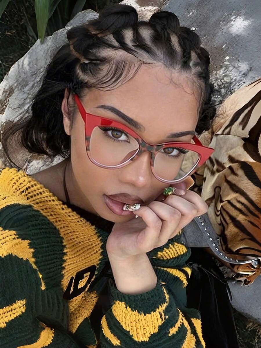 一副双色猫眼时尚眼镜框,透明镜片,女士休闲眼镜,适合日常佩戴、阅读、通勤、休闲等场合。 - 紅色 - 查看 1