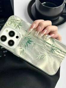 Cute Apple-Shaped Bamboo Fiber Feather Line Green Phone Case, Suitable For IPhone 16/15/14/13/12 Pro Max/11, Luxury Shock-Proof Soft Shell, Waterproof, Anti-Fall, Scratch-Resistant - Feather Bamboo - View 3