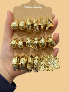 6-18pcs Fashion Jewelry Earrings Set For Women, Including Teardrop, Floral, Geometric, Wooden C-Shaped Earrings, Suitable For Different Occasions - Gold - View 10