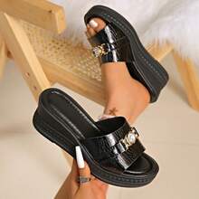 Sandalias de cuña con tacón de plataforma abierta con decoración de strass, cómodas sandalias de verano con suela de cuña para uso diario, con estampado de cocodrilo negro - Negro - Ver 11