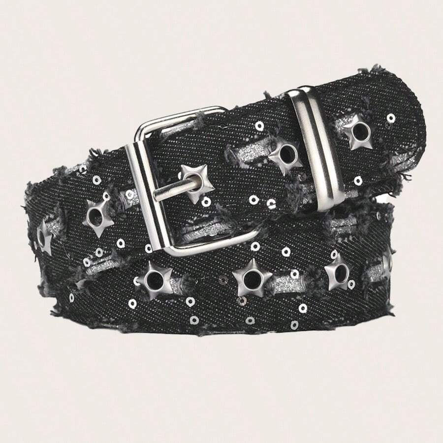 1 chiếc thắt lưng denim đính sao phong cách Punk Y2K, phù hợp với quần jeans, quần short, trang phục đường phố, tiệc tùng, hoạt động ngoài trời, thường ngày, đi học, tựu trường, Halloween, Giáng sinh, các buổi tụ họp. - Đen-B - Xem 1
