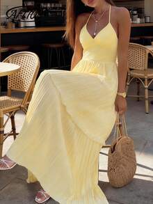 Aflion Vestido largo plisado de cintura alta y espalda descubierta para mujer en color amarillo - Estilo retro francés, romántico y fluido, adecuado para vacaciones de verano, playa, bodas y eventos de noche - Amarillo - Ver 6