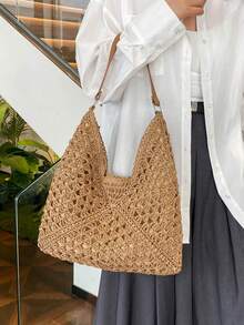 Hollow Crochet Straw Woven Shoulder Tote Bag, Women Large Capacity Hobo Handbag, Strap Single Shoulder Bag, Breathable Openwork Fabric Weave Design, Perfect For Summer Beach, Tropical Vacation, Resort Trip, Great For Young Ladies, Travel Girls, College Students, Office Workers, Moms & Beach Style Lovers - Coffee - View 3