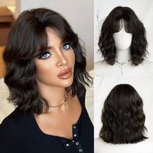 NICKY WALL Tóc giả ngắn gợn sóng màu nâu sẫm 12 inch dành cho nữ, kiểu tóc bob xoăn gợn sóng thanh lịch với mái rẽ, tóc giả sợi tổng hợp mềm mại chất lượng cao dành cho nữ sử dụng hàng ngày và dự tiệc gia đình, phụ kiện tóc giả cho Ngày của Mẹ - Nâu đen - Xem 12