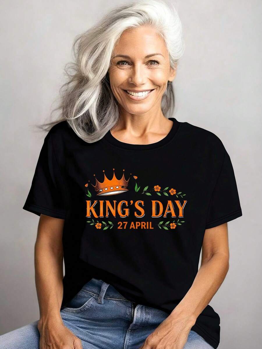 Korean-Style Summer Tops. King's Day Women's T-Shirt Made Of Pure Cotton, Comfortable. Cotton T-Shirt. Flash Today. - Black - View 1