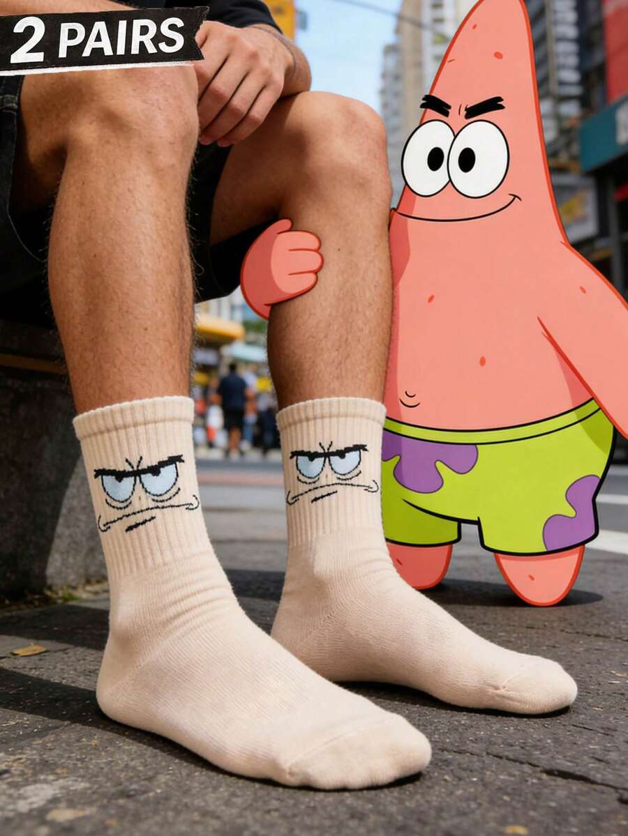 SpongeBob SquarePants 2双男女通用卡通袜子，休闲中筒袜，适合春夏穿着 - 彩色 - 查看 1