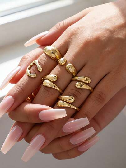 6pcs Vintage Minimalist Style Alloy Lava Teardrop Design Open Rings, Asymmetric Fashionable Thick Metal Color Ring Set, Suitable For Women's Daily Commute, Holiday Gifts, Party Decorations, Charming Jewelry Gift Set