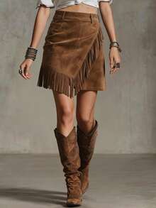 Plus Size Women's Vintage Western Style Skirt, Casual Wear, All Season, Tassel Design - Camel - View 2