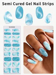 20 miếng dán móng tay gel bán khô họa tiết mây xanh da trời mùa xuân/hè, ánh nhũ bạc hình mắt mèo, kiểu dáng tươi mát, tự dính, dễ làm móng, chống bong tróc, thích hợp cho nữ giới tự làm móng tại nhà. - Màu xanh nhạt - Xem 13