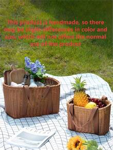 Woven Picnic Basket, Multi-Functional Wicker Basket, Handheld Storage Basket, Rural Living Shopping Organizer - Brown - View 7