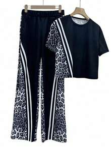 Set de primăvară/vară nou, casual, confortabil, cu imprimeu leopard, guler rotund, mânecă scurtă și pantaloni drepți cu talie înaltă și buzunar, ținută de vară pentru femei, potrivită pentru purtare zilnică, poate fi purtată separat ca set de 2 piese - Negru 1 - Vizualizare 9