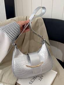 Túi đeo vai thời trang mới, sành điệu, đa năng, họa tiết da cá sấu dập nổi, dây đeo có thể điều chỉnh, phù hợp cho những buổi đi chơi thường ngày. - Bạc - Xem 4