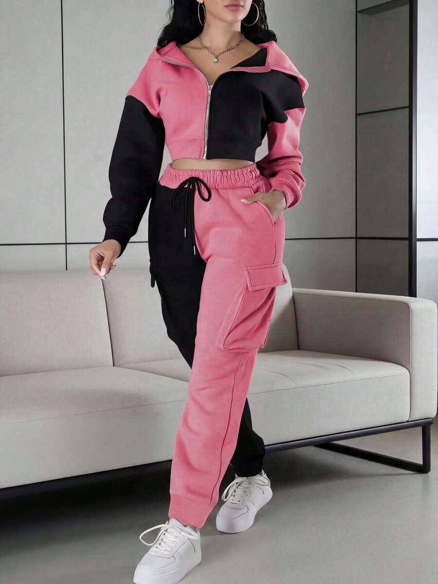 2 件套女士休闲运动风格服装,含加厚羊毛拉链连帽夹克和运动裤,适合秋冬季 - 彩色 - 查看 1