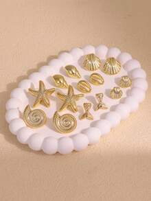 1/7 Pairs Gold-Plated Starfish, Shell, Seashell, Fish Tail Shaped Earrings Set, Beach Accessories, Women Summer Jewelry - Yellow Gold - View 2