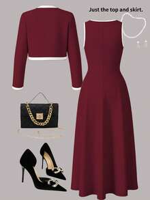Plus Size Women Elegant 2-Piece Set, Colorblock Trim Button Cardigan Paired With Solid Color Maxi Dress, Suitable From Spring To Summer - Burgundy - View 4