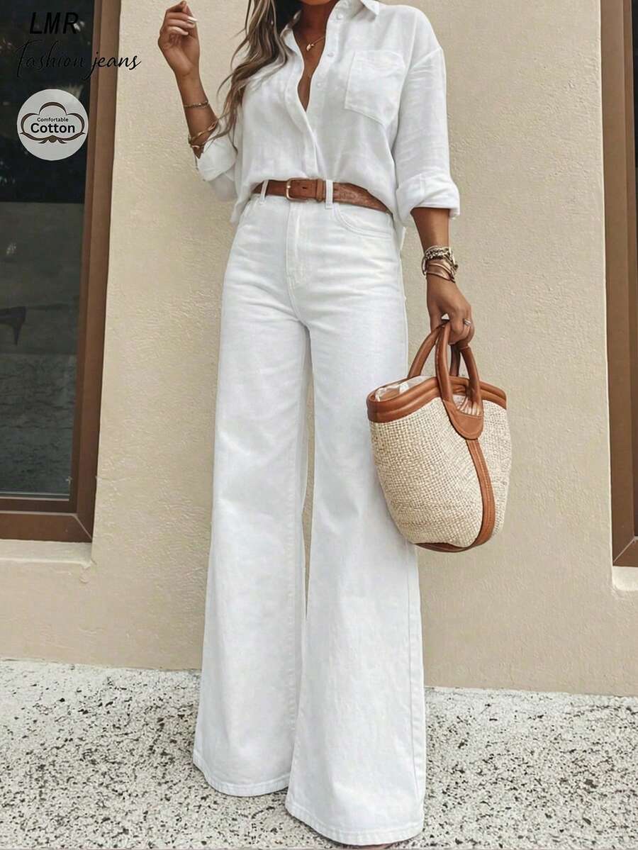 Light Blue Washed Flare Wide Leg Jeans, Relaxed Fit Suitable For Daily Commute Casual White