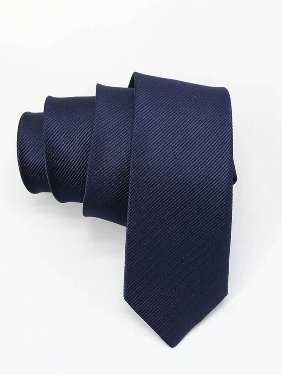 1pc Men's Solid Navy Blue Thin Stripe Textured Casual Necktie, Suitable For School, Suit, Commute And Daily Wear - Navy Blue - View 1