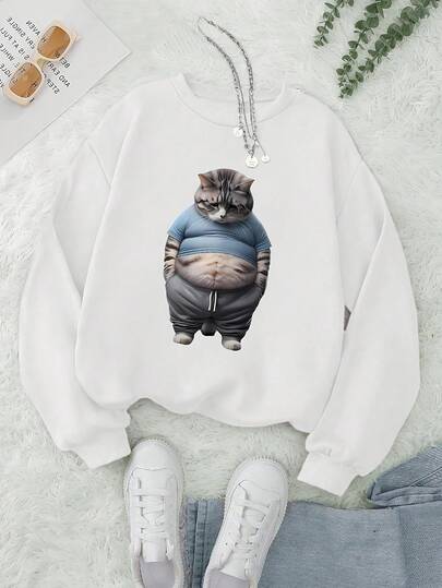 Sweatshirt For Women With Cat Pattern Print, Round Neck Casual Autumn And Winter Women's Clothing - Long Sleeve Tops, Spring, Bride To Be