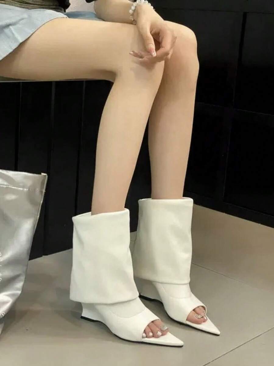 尖头细高跟过膝长靴，修身显瘦，露趾设计，百搭时尚靴 - 白色 - 查看 1