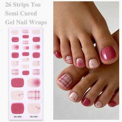 26 st. vår/sommar rödrosa ombre körsbärsrutmönster halvhärdade gel tånagelremsor, söta och söta gel tånagelklistermärken - salongskvalitet, enkel applicering, perfekt för kvinnor, dagligt, vardagligt, hem, gör-det-själv nagelklistermärken