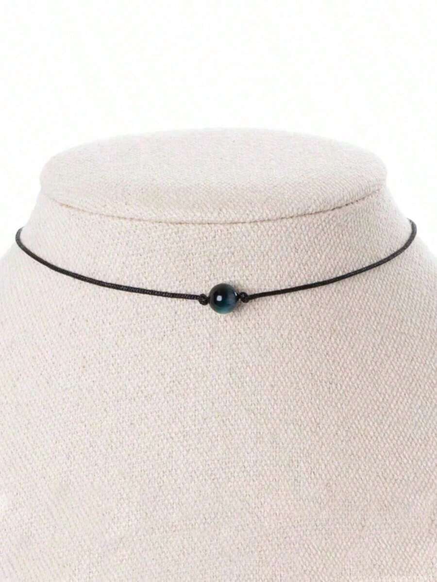 1pc Natural Blue Tiger Eye Stone Necklace, Handmade Black Cord Braided Necklace, Single Bead Necklace, Third Eye Energy Balancing Healing Stone RTM0 - 藍色虎眼石 - 查看 1