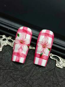 10pcs Vintage Baroque French American Punk Style Nail Stickers, Suitable For Spring & Summer, Red Square Long Glossy With 3D Hand-Painted Wavy Pattern, 3D Ladybug And 3D Handmade Flowers, Suitable For Party Or Daily Wear, Free Nail Stickers And Nail File Included - Multicolor - View 8