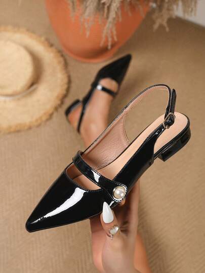 Giày nữ màu trơn thanh lịch, có quai buộc cổ chân, gót thấp nhẹ, mũi nhọn, giày gót thấp dành cho nữ.